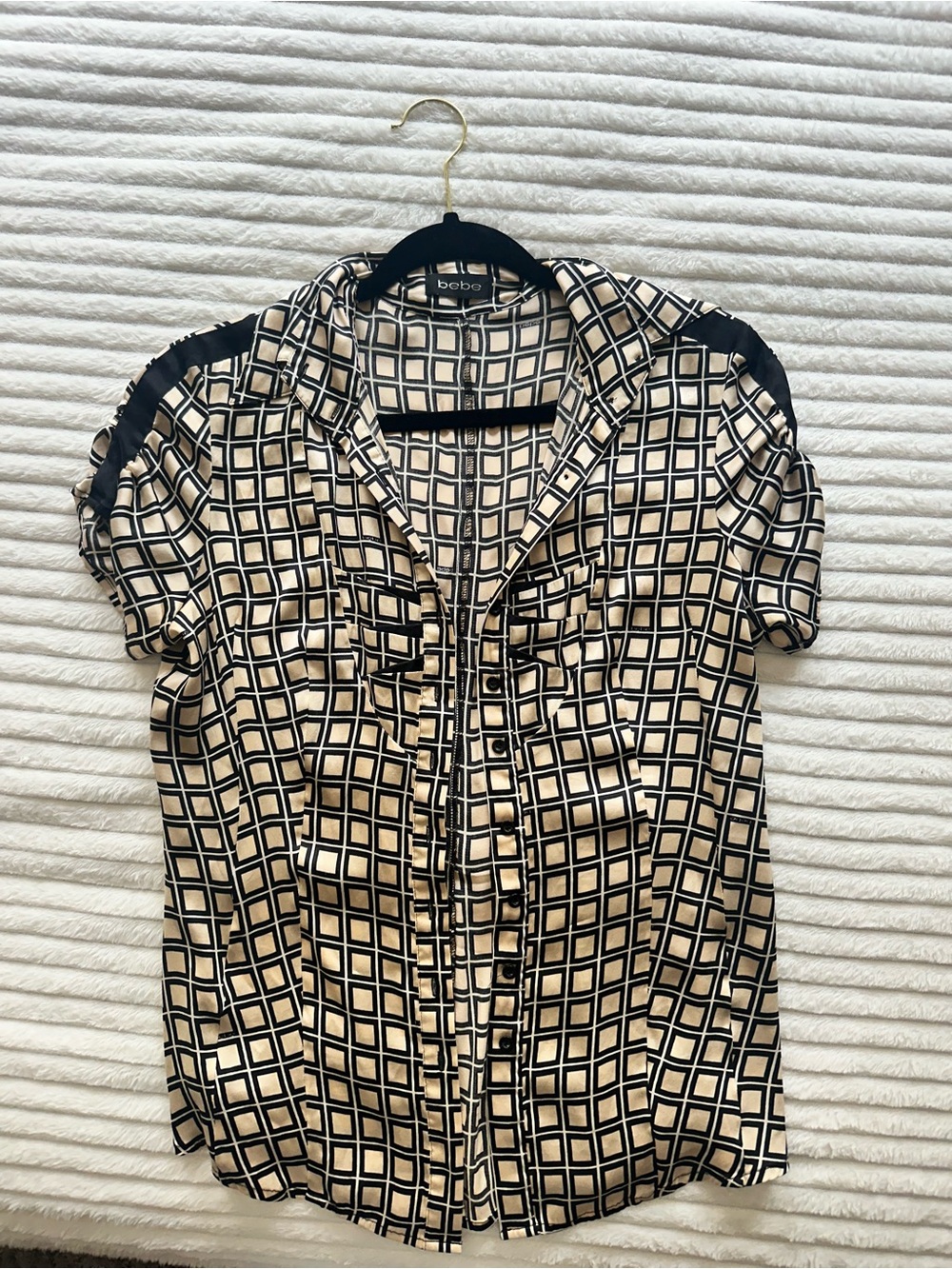bebe Black and Cream Geometric Ruffle-Front Blouse